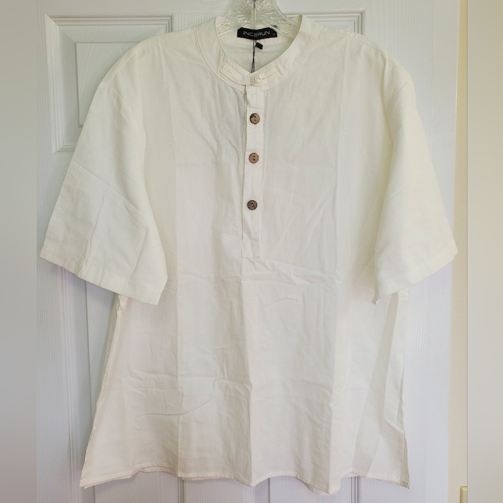 INCERUN SS Shirt 3 Button Henley Men's Size XL Cotton White NWT